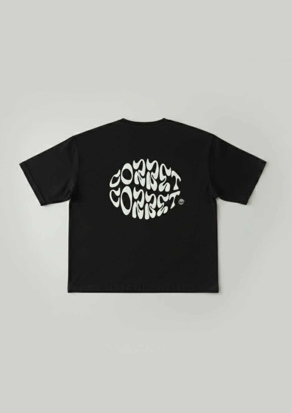 Black t-shirt with white text design on a gray background