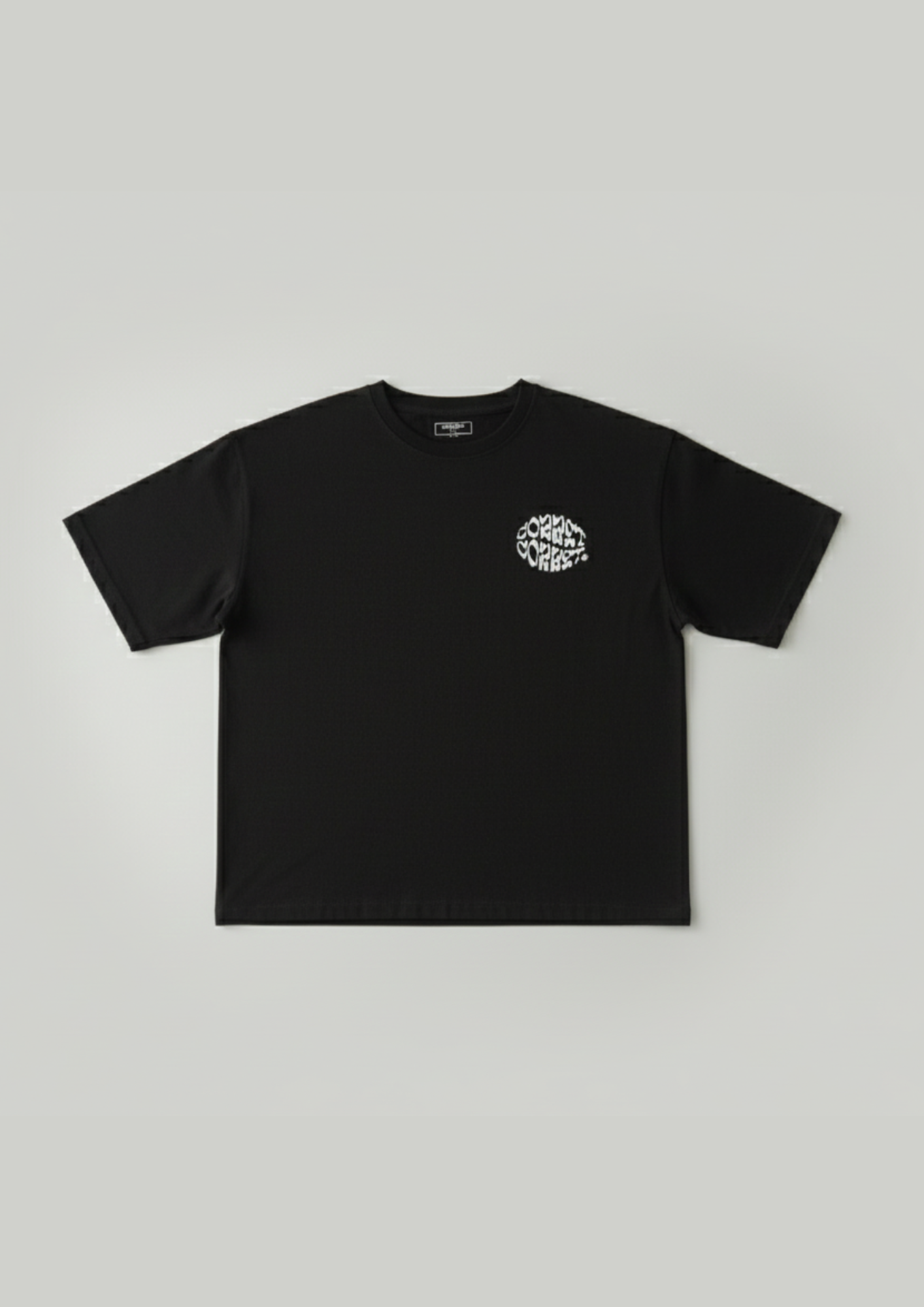 Black t-shirt with a logo on a light gray background