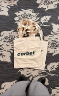 tote bag beige with printed logo "Corbet" in green